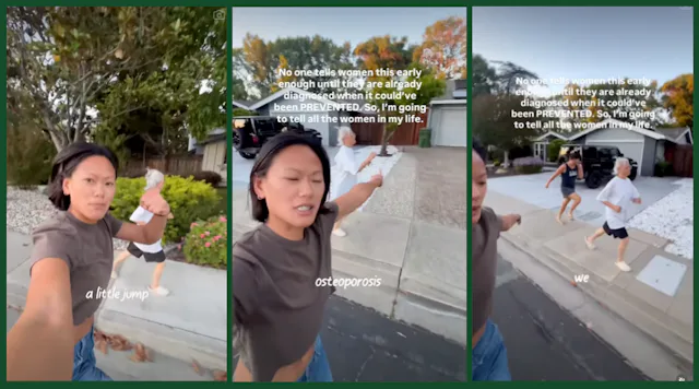 A woman and her older family members stomp around the block in an Instagram reel to prevent osteopor...