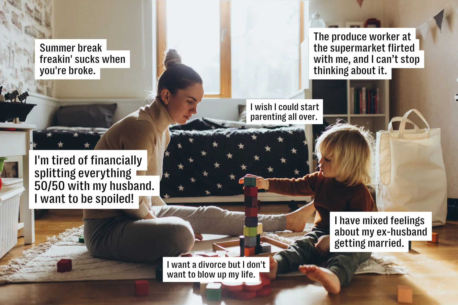 Woman sitting on floor facing young child in a cozy living room, playing with blocks; text boxes aro...