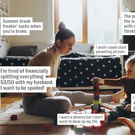 Woman sitting on floor facing young child in a cozy living room, playing with blocks; text boxes aro...