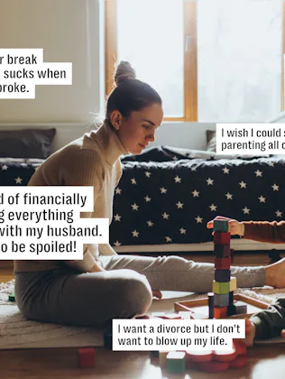 Woman sitting on floor facing young child in a cozy living room, playing with blocks; text boxes aro...