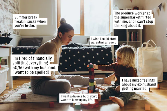 Woman sitting on floor facing young child in a cozy living room, playing with blocks; text boxes aro...