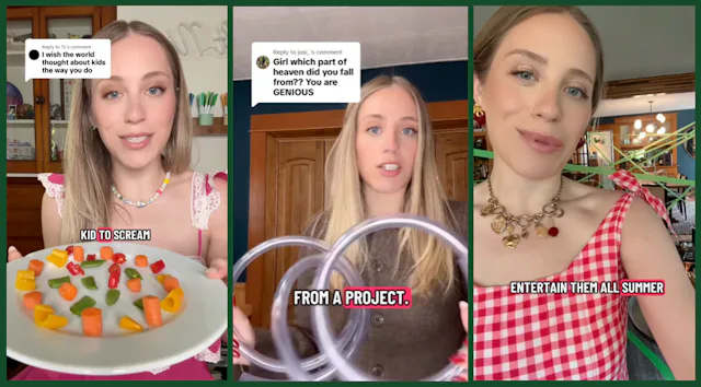 screen grabs of chelsea anderson's instagram videos in which she shares parenting tips for getting k...