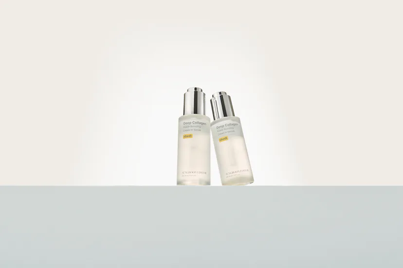 Two bottles of Sungboon Editor's Deep Collagen Power Boosting Cream In Serum, which contains Volufil...