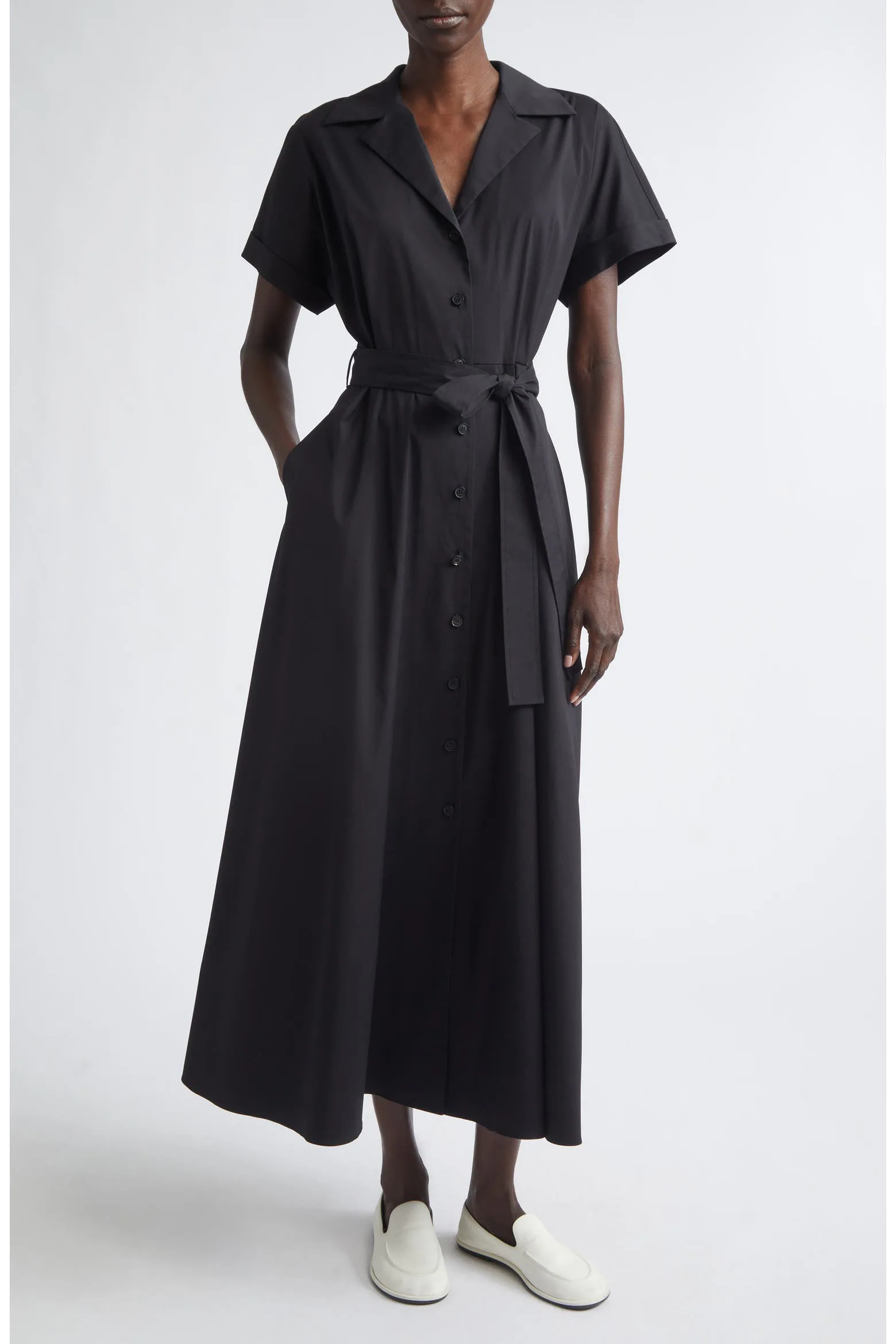 Belted Stretch Cotton Blend Shirtdress