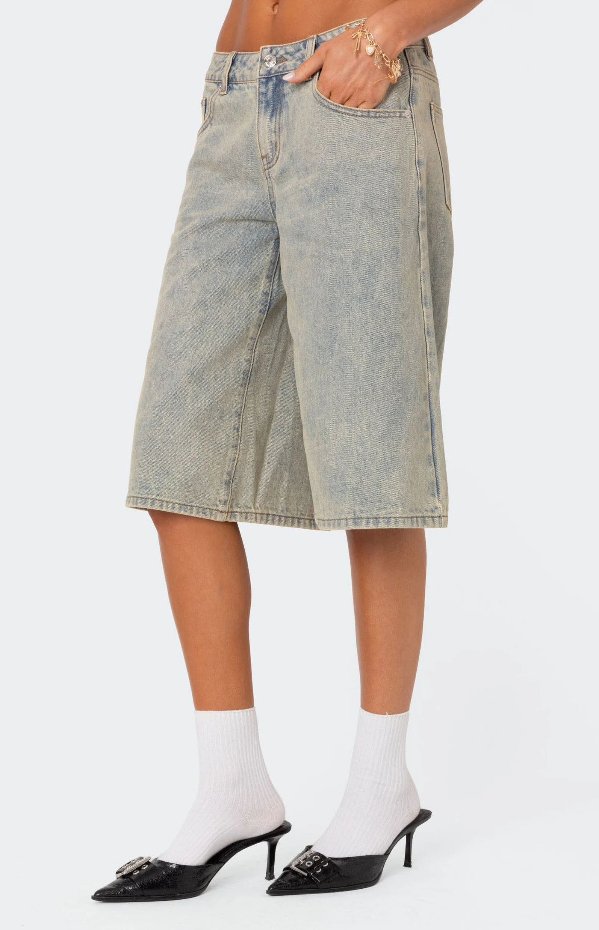 Xtra Long Acid Wash Denim Shorts