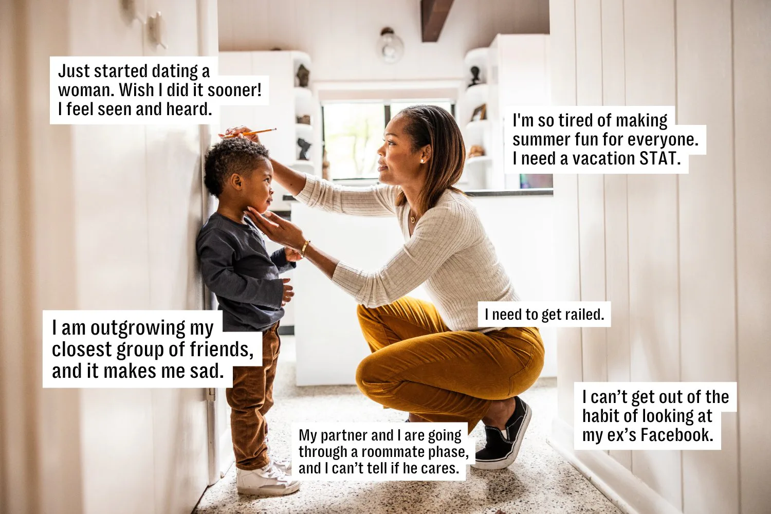 Woman kneeling in a hallway adjusting a young boy's collar, both smiling; text captions with persona...