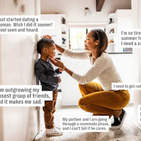 Woman kneeling in a hallway adjusting a young boy's collar, both smiling; text captions with persona...