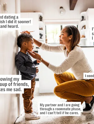 Woman kneeling in a hallway adjusting a young boy's collar, both smiling; text captions with persona...