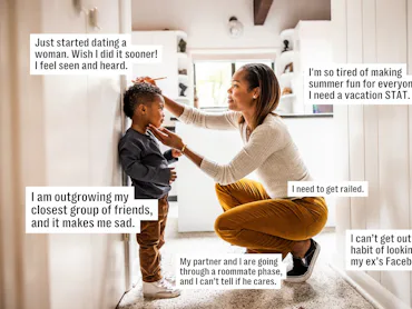 Woman kneeling in a hallway adjusting a young boy's collar, both smiling; text captions with persona...