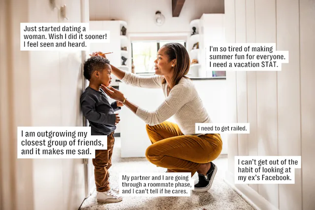 Woman kneeling in a hallway adjusting a young boy's collar, both smiling; text captions with persona...