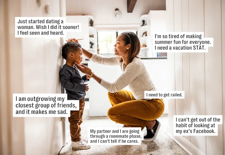 Woman kneeling in a hallway adjusting a young boy's collar, both smiling; text captions with persona...