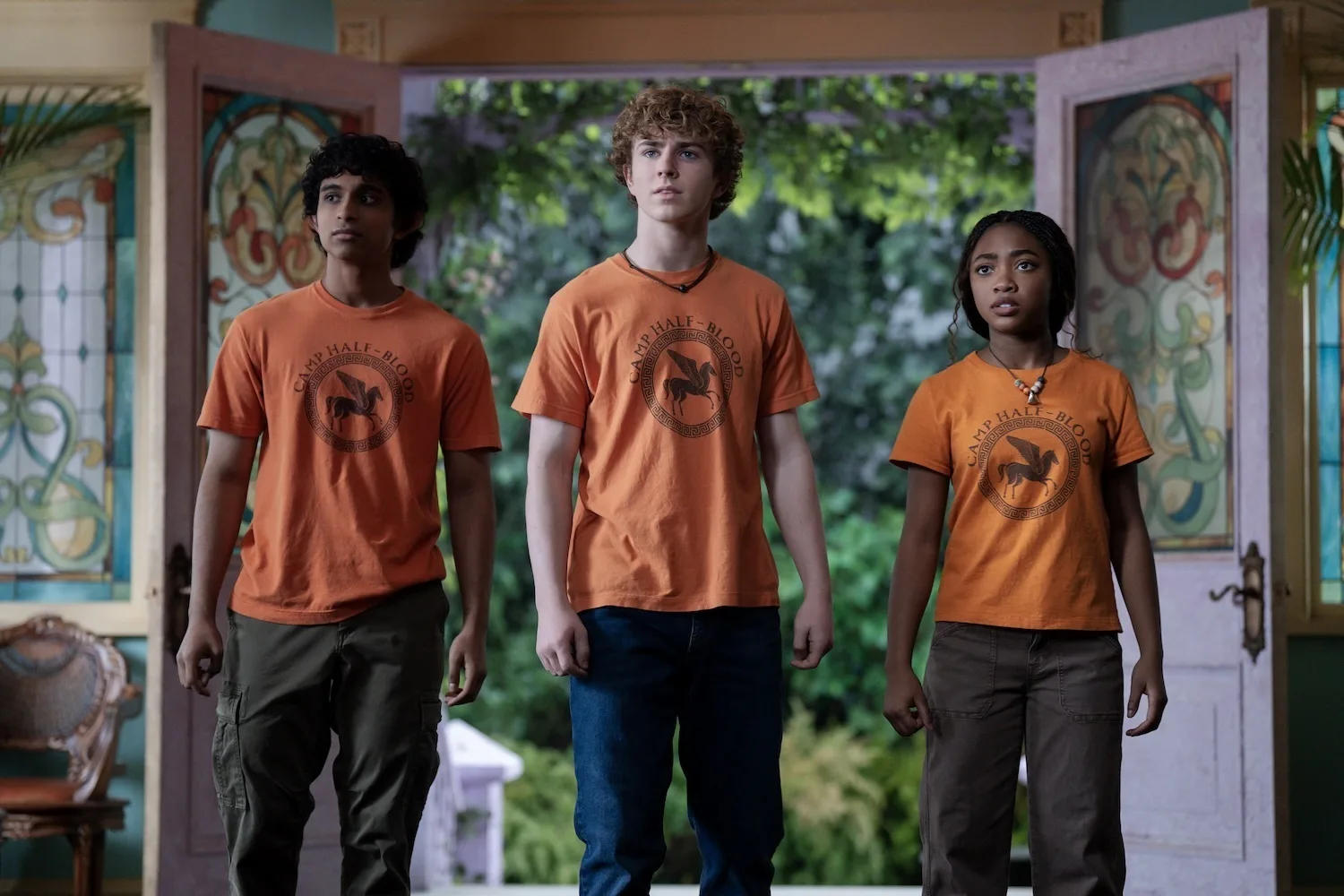 Aryan Simhadri, Walker Scobell, and Leah Sava Jeffries in Percy Jackson and the Olympians
