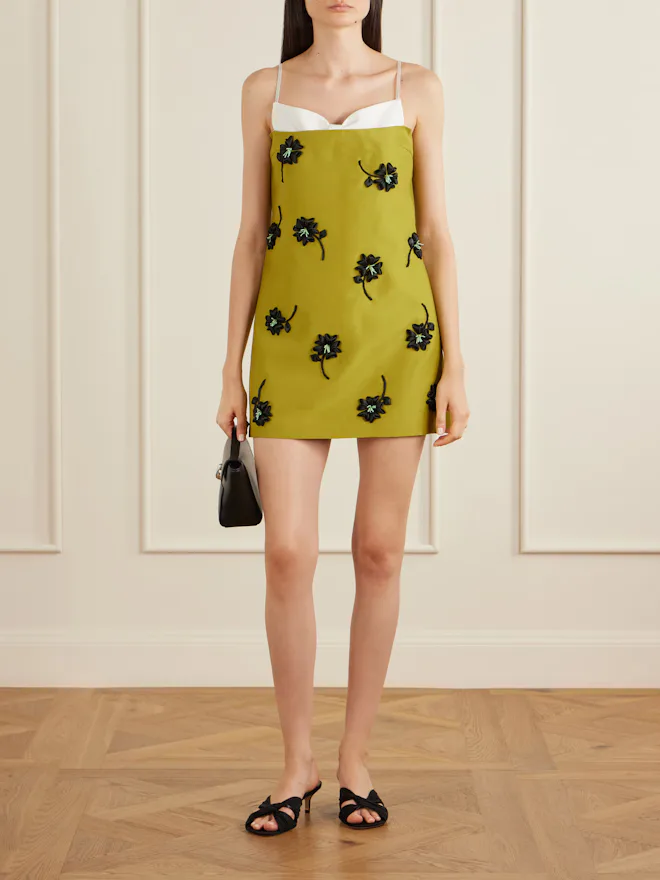 Corseted Floral-Appliqué Bead-Embellished Crepe Mini Dress