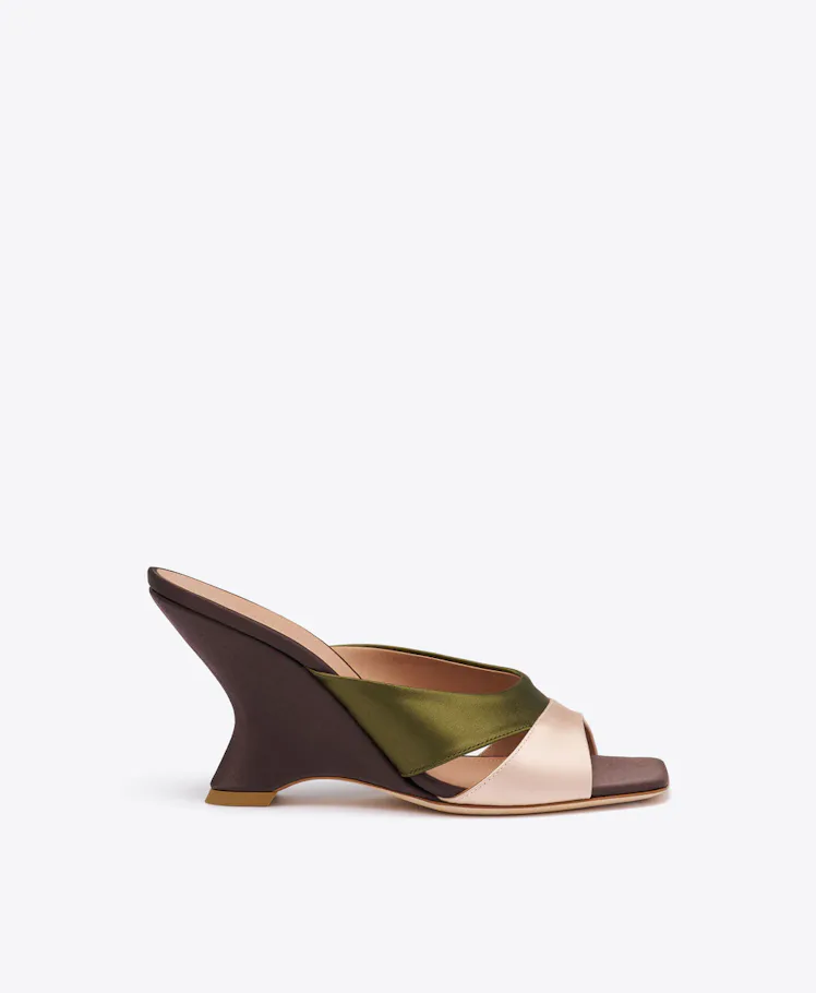 Lourdes 85 Brown & Green Satin Wedge Sandals
