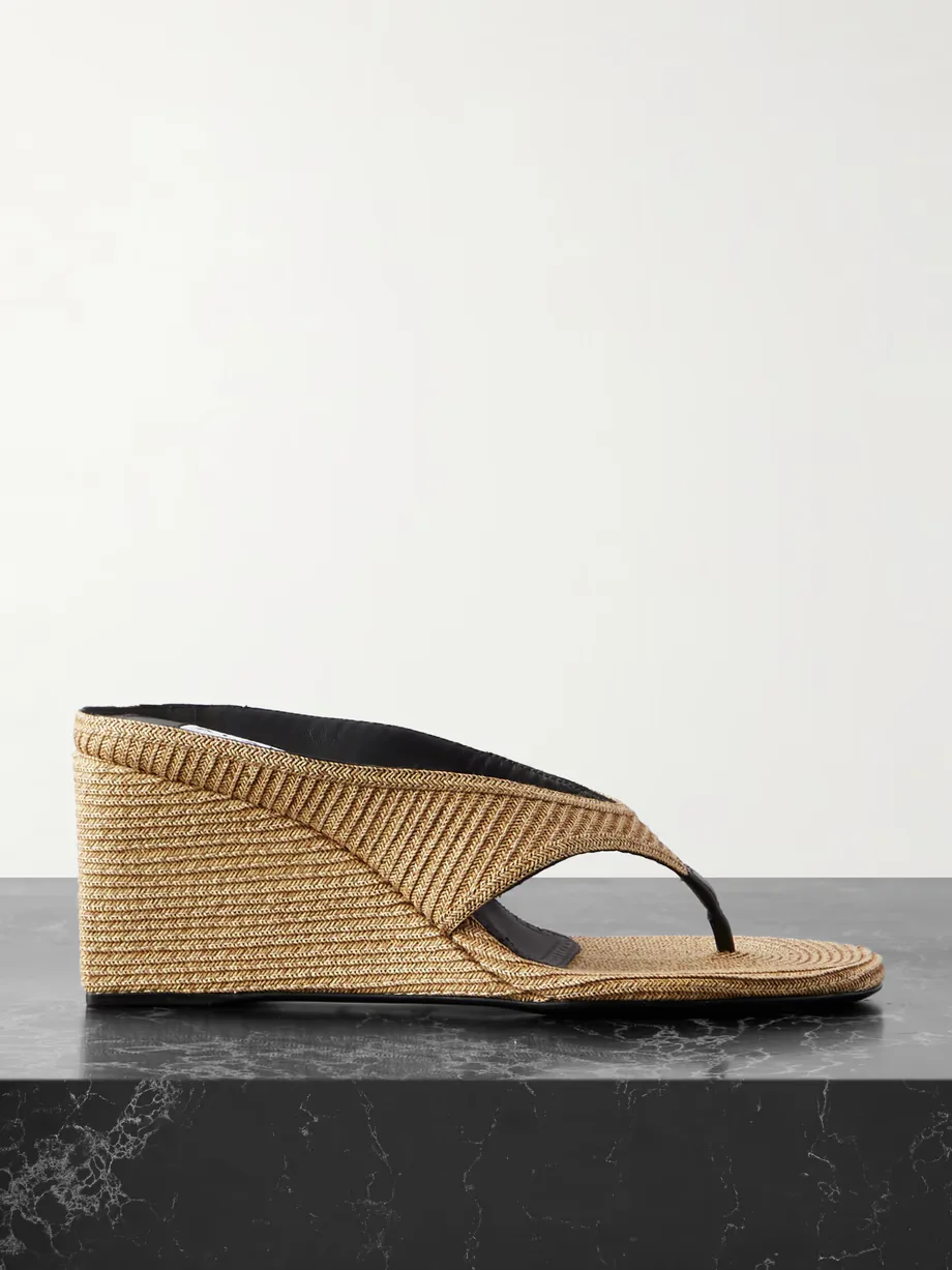 Leather-Trimmed Woven Raffia Wedge Sandals