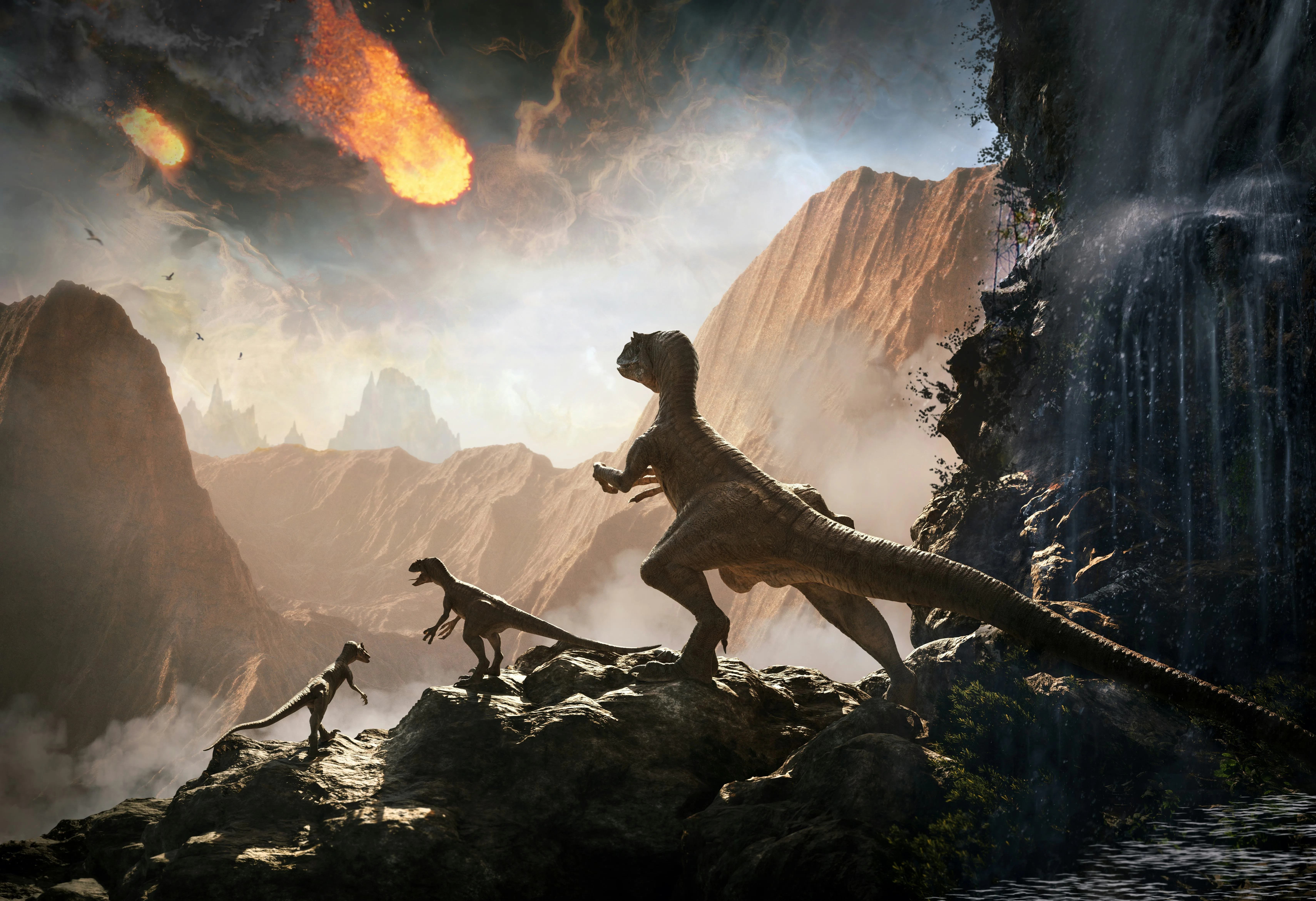 Raptor Dinosaur observing asteroid impact, 3d render