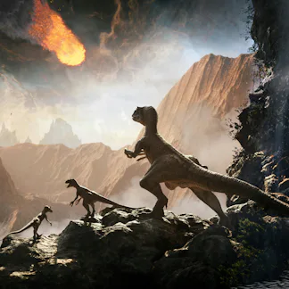 Raptor Dinosaur observing asteroid impact, 3d render