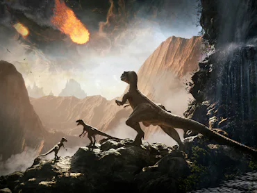 Raptor Dinosaur observing asteroid impact, 3d render