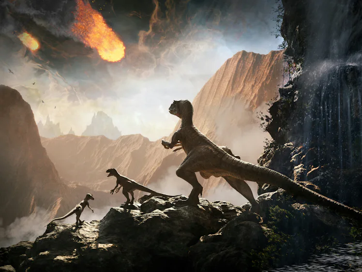 Raptor Dinosaur observing asteroid impact, 3d render