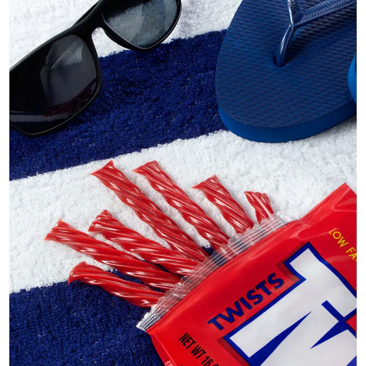Twizzlers on a beach towel