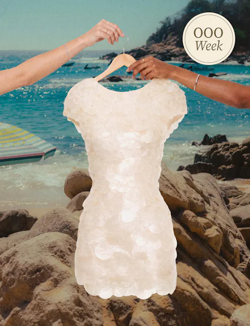 Collage of 2 women holding a shell mini dress by the hanger with beach background