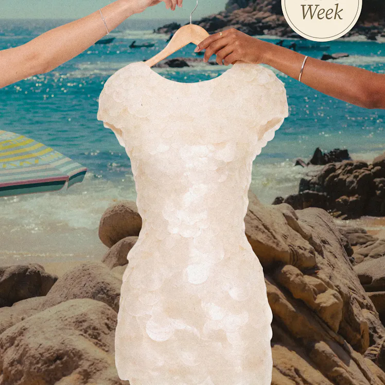 Collage of 2 women holding a shell mini dress by the hanger with beach background