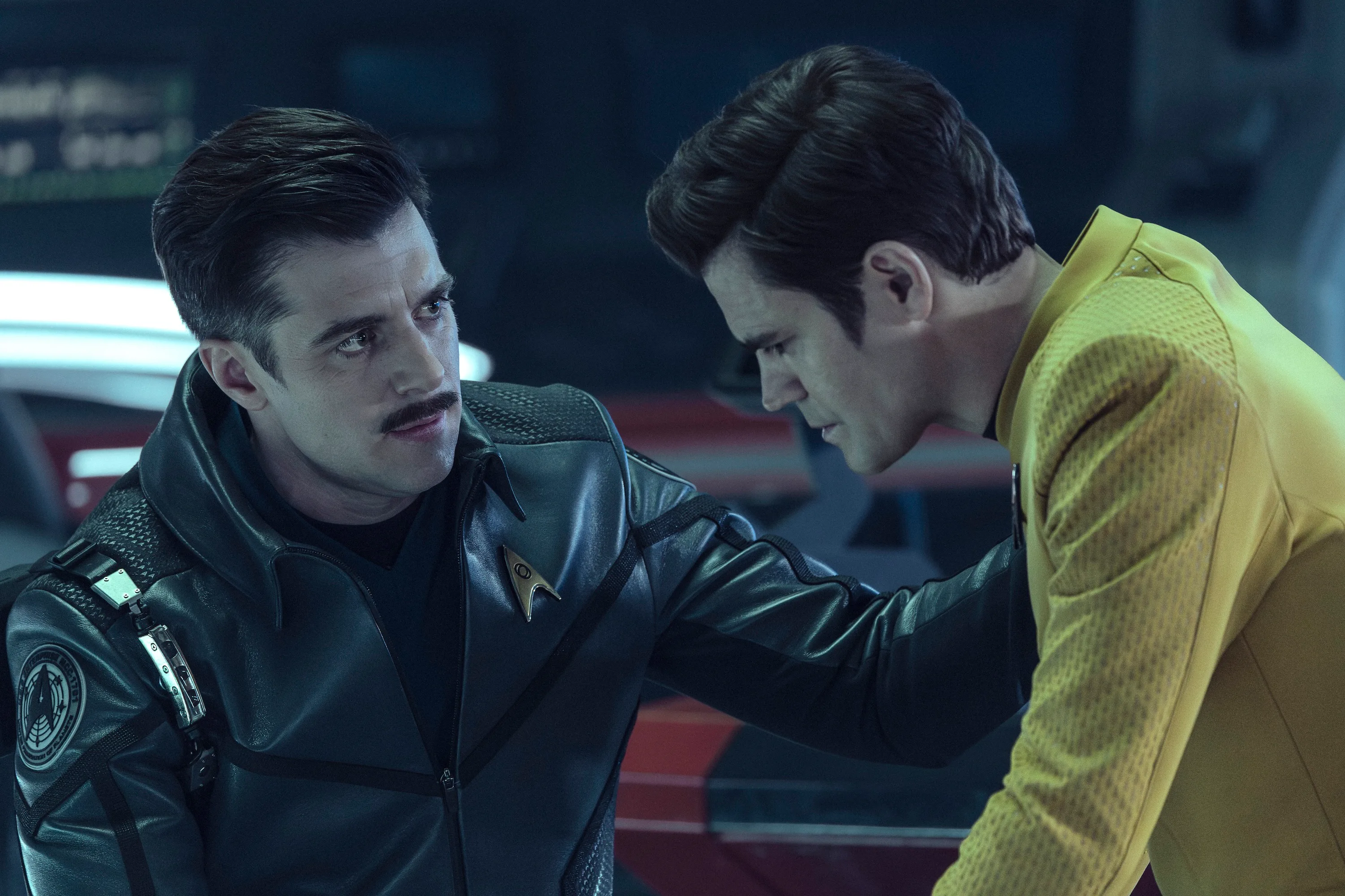 (L-R): Dan Jeannotte as Sam Kirk and Paul Wesley as James T. Kirk in season 4, episode 2, of Star Tr...
