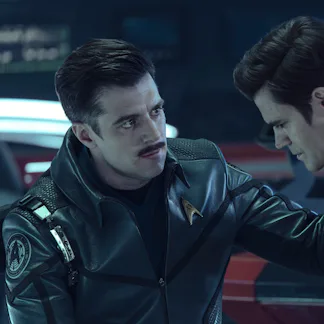 (L-R): Dan Jeannotte as Sam Kirk and Paul Wesley as James T. Kirk in season 4, episode 2, of Star Tr...