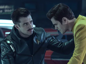 (L-R): Dan Jeannotte as Sam Kirk and Paul Wesley as James T. Kirk in season 4, episode 2, of Star Tr...