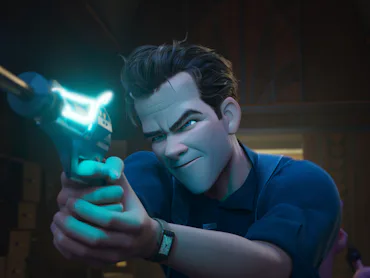 Ray Gunn (voiced by Sam Rockwell) draws his blaster in Ray Gunn
