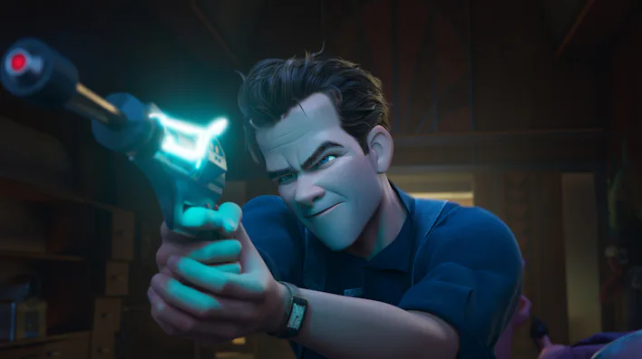 Ray Gunn (voiced by Sam Rockwell) draws his blaster in Ray Gunn