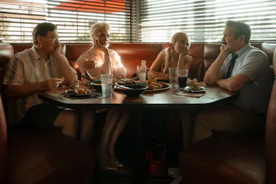 Jeremy Swift, Hannah Waddingham, Juno Temple and Jason Sudeikis in Ted Lasso Season 4. Photo via App...