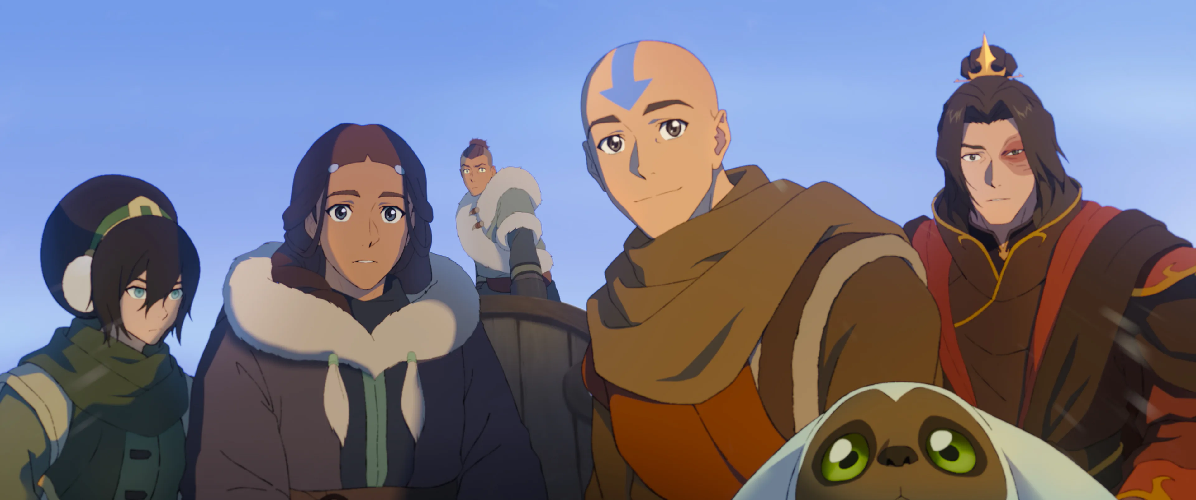 Toph Beifong (Dionne Quan), Katara (Jessica Matten), Sokka (Román Zaragoza), Avatar Aang (Eric Nam),...