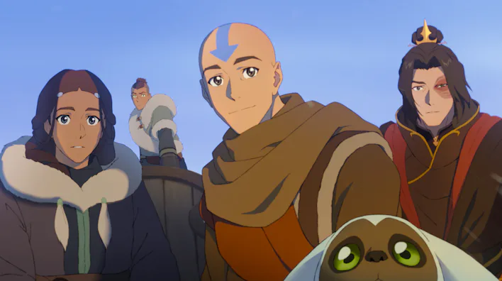 Toph Beifong (Dionne Quan), Katara (Jessica Matten), Sokka (Román Zaragoza), Avatar Aang (Eric Nam),...
