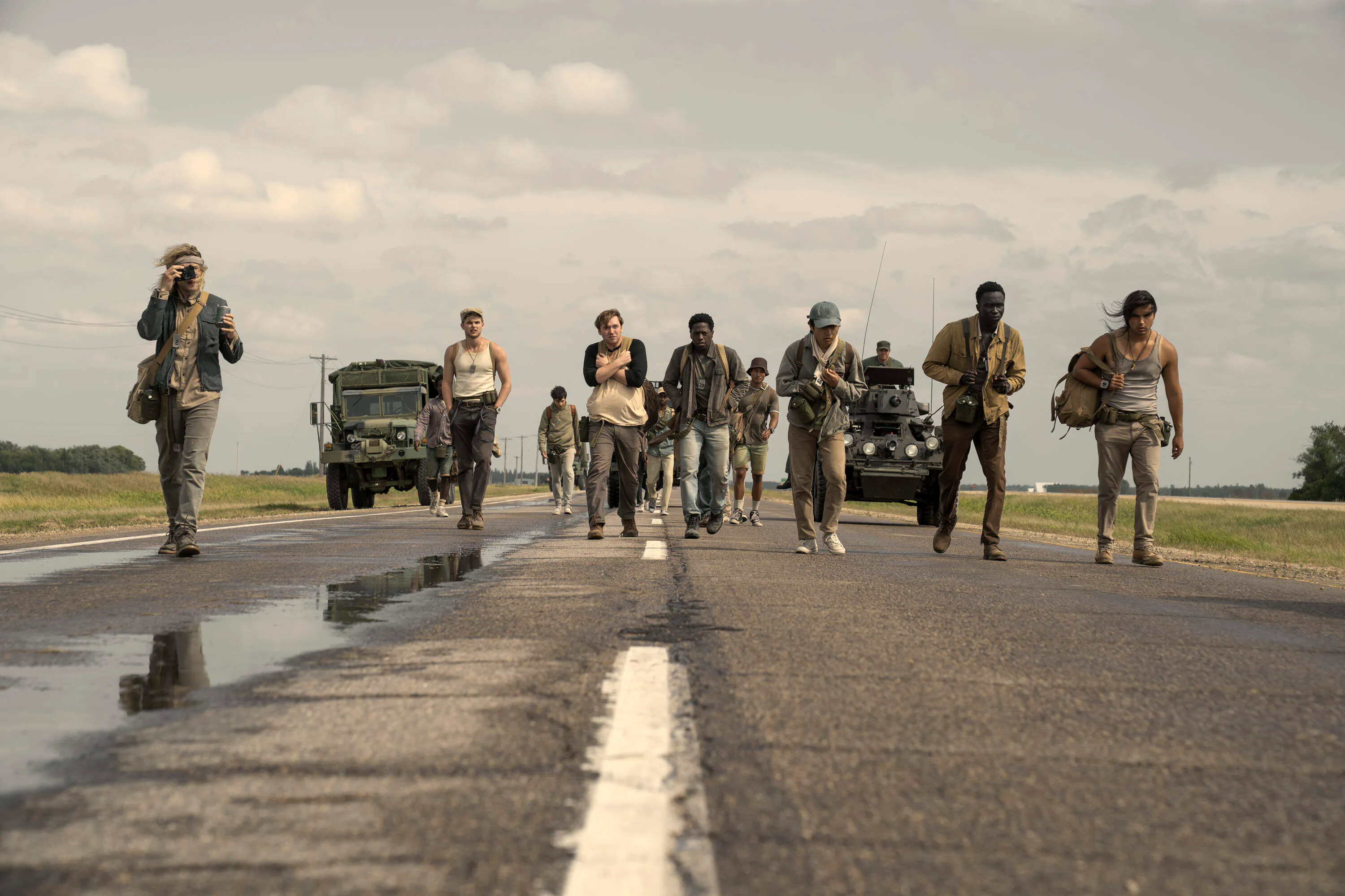 The cast of 'The Long Walk,' walking.