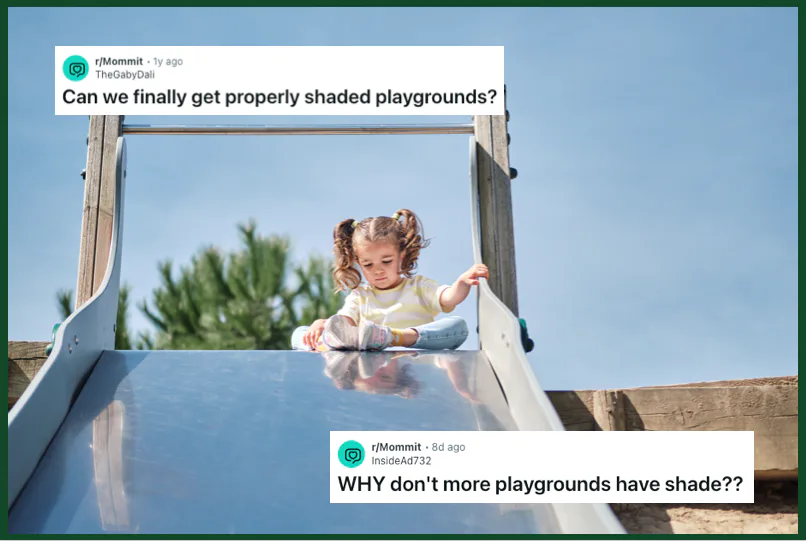 A little girl sits at the top of a metal slide afraid to slide down, with screen grabs of reddit pos...