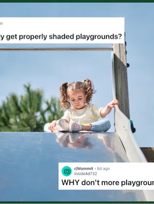 A little girl sits at the top of a metal slide afraid to slide down, with screen grabs of reddit pos...