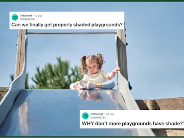 A little girl sits at the top of a metal slide afraid to slide down, with screen grabs of reddit pos...