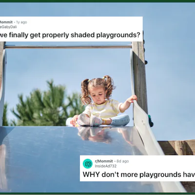 A little girl sits at the top of a metal slide afraid to slide down, with screen grabs of reddit posts complaining about unshaded playgrounds collaged over top.