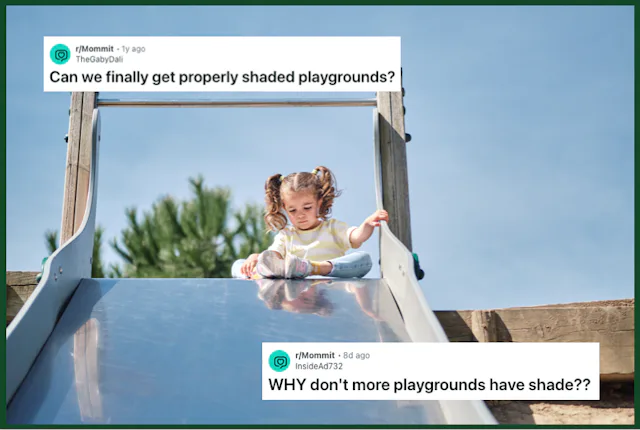 A little girl sits at the top of a metal slide afraid to slide down, with screen grabs of reddit pos...