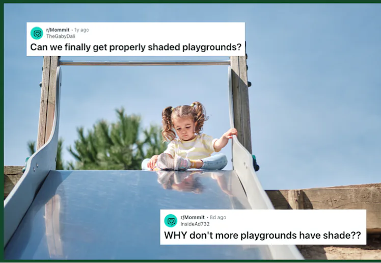 A little girl sits at the top of a metal slide afraid to slide down, with screen grabs of reddit pos...