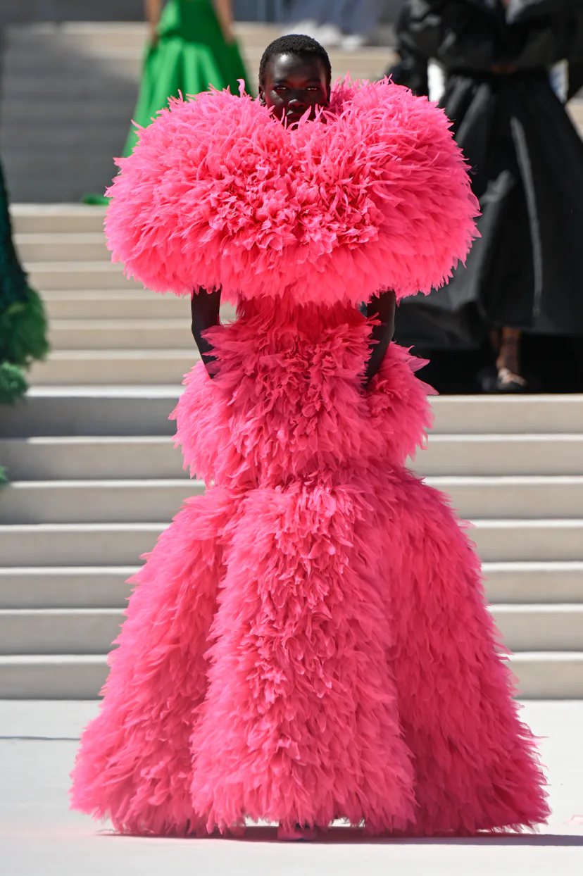 Model on the runway at the Balenciaga fashion show as part of Paris Haute Couture Fall/Winter 2026 f...