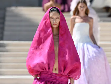 Model on the runway at the Balenciaga fashion show as part of Paris Haute Couture Fall/Winter 2026 f...