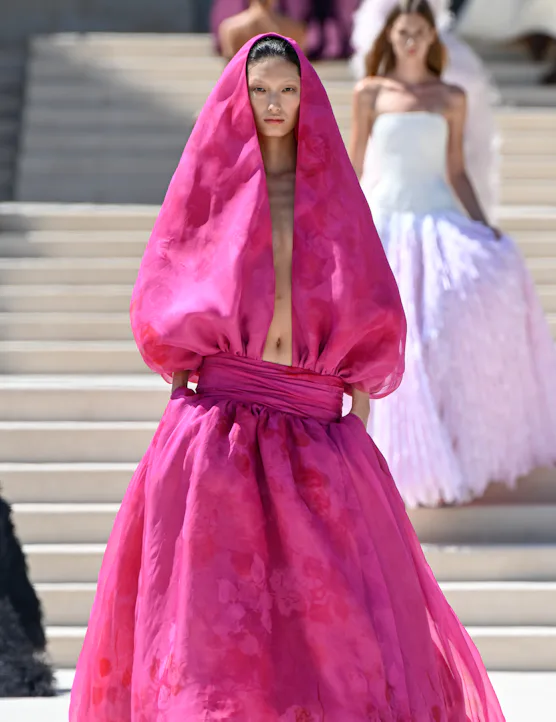 Model on the runway at the Balenciaga fashion show as part of Paris Haute Couture Fall/Winter 2026 f...
