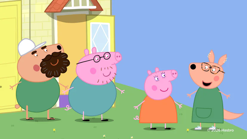 Jason Kelce (far left) as a bear in 'Peppa Pig' special, alongside wife Kylie Kelce (far right).