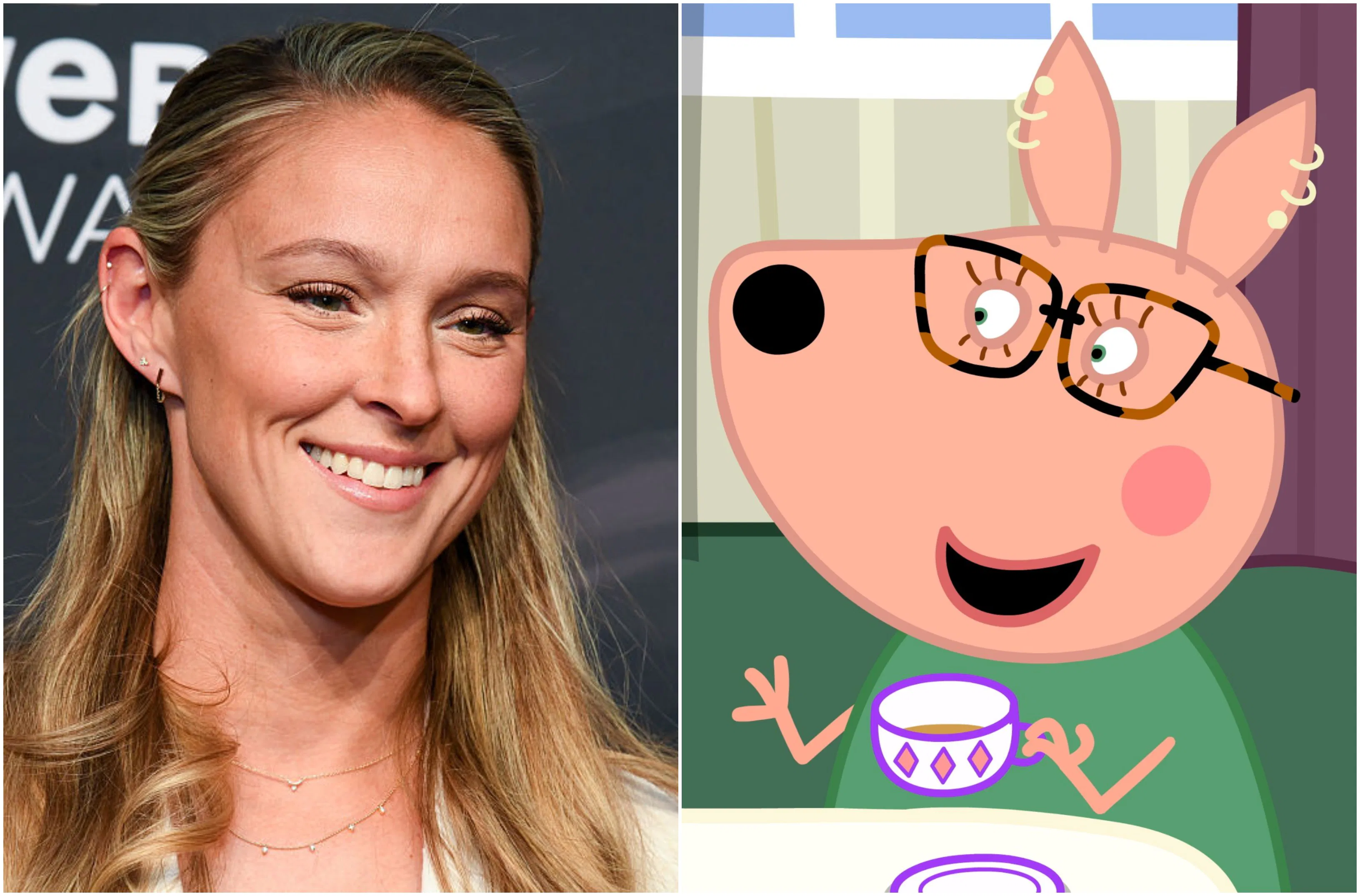Kylie Kelce (left); Kylie Kelce as a kangaroo in 'Peppa Pig' special.
