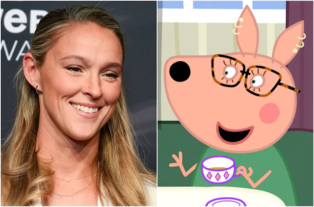 Kylie Kelce (left); Kylie Kelce as a kangaroo in 'Peppa Pig' special.