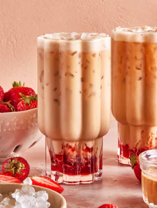 strawberry peanut butter iced latte, in a story about homemade latte recipes and coffee ideas.