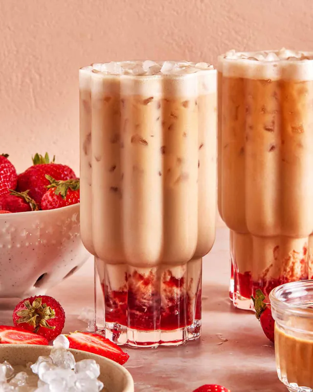 strawberry peanut butter iced latte, in a story about homemade latte recipes and coffee ideas.