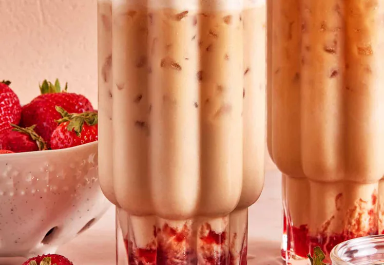 strawberry peanut butter iced latte, in a story about homemade latte recipes and coffee ideas.